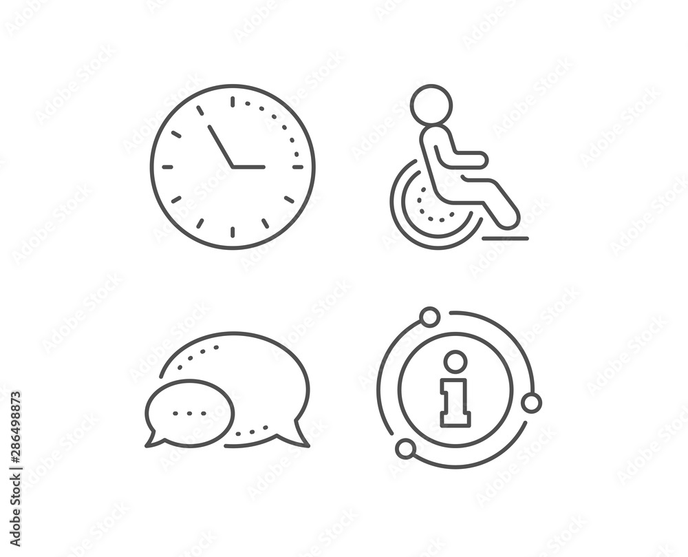 Disability line icon. Chat bubble, info sign elements. Disabled person sign. Hotel service symbol. Linear disability outline icon. Information bubble. Vector Disability line icon. Chat bubble, info sign elements. Disabled person sign. Hotel service symbol. Linear disability outline icon. Information bubble. Vector