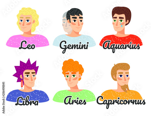 Set of horoscope signs as men. Vector illustration of the boys. Zodiac signs cartoon style