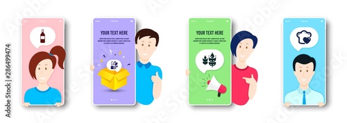 Gluten free, Mint bag and Wine bottle icons simple set. People on phone screen. Love cooking sign. Bio ingredients, Mentha tea, Cabernet sauvignon. Chef hat. Food and drink set. Vector