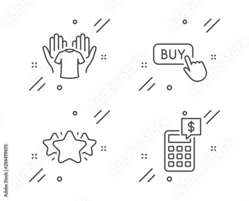 Buy button, Hold t-shirt and Star line icons set. Calculator sign. Online shopping, Laundry shirt, Favorite. Money management. Business set. Line buy button outline icon. Vector