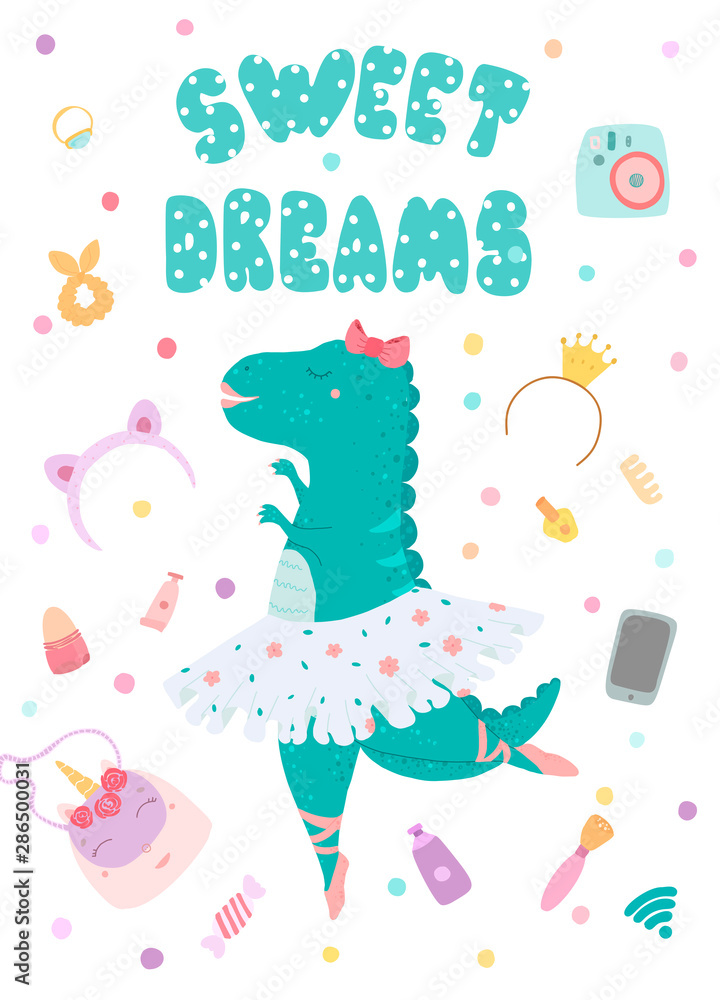 Greeting card, poster with a dinosaur ballerina and lettering inscription sweet dreams. Vector illustration in flat style.