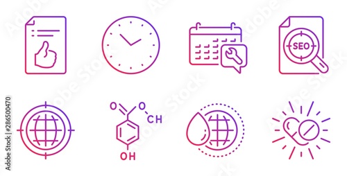 Chemical formula, Approved document and Time line icons set. Spanner, Seo file and Seo internet signs. World water, Medical drugs symbols. Chemistry, Like symbol. Business set. Vector