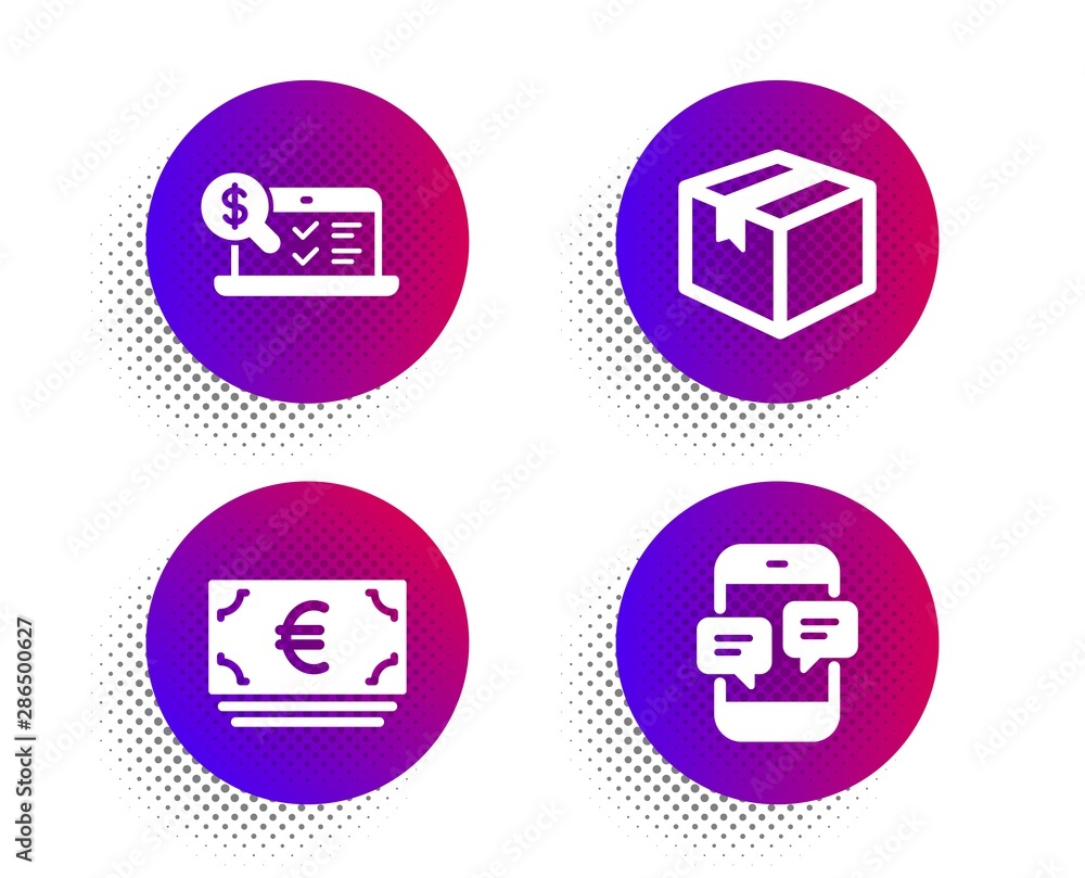 Parcel, Online accounting and Euro currency icons simple set. Halftone dots button. Phone messages sign. Shipping box, Web audit, Eur banking. Mobile chat. Business set. Vector Parcel, Online accounting and Euro currency icons simple set. Halftone dots button. Phone messages sign. Shipping box, Web audit, Eur banking. Mobile chat. Business set. Vector