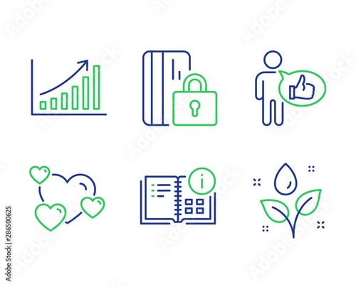 Like, Heart and Blocked card line icons set. Instruction info, Graph chart and Plants watering signs. Thumbs up, Love rating, Private money. Project. Business set. Line like outline icons. Vector