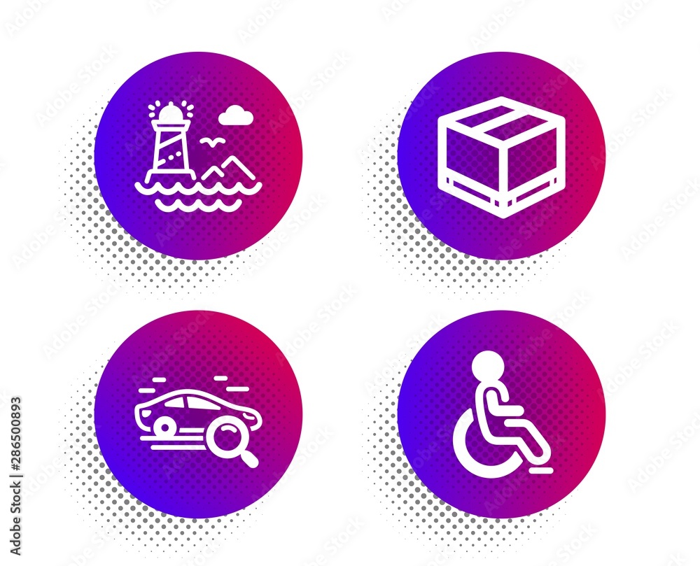 Search car, Delivery box and Lighthouse icons simple set. Halftone dots button. Disabled sign. Find transport, Cargo package, Navigation beacon. Handicapped wheelchair. Transportation set. Vector Search car, Delivery box and Lighthouse icons simple set. Halftone dots button. Disabled sign. Find transport, Cargo package, Navigation beacon. Handicapped wheelchair. Transportation set. Vector