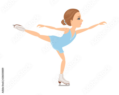 Girl figure skating. Winter sport.  Vector illustration of a child ice skating isolated on white background. Cartoon simple flat style.
