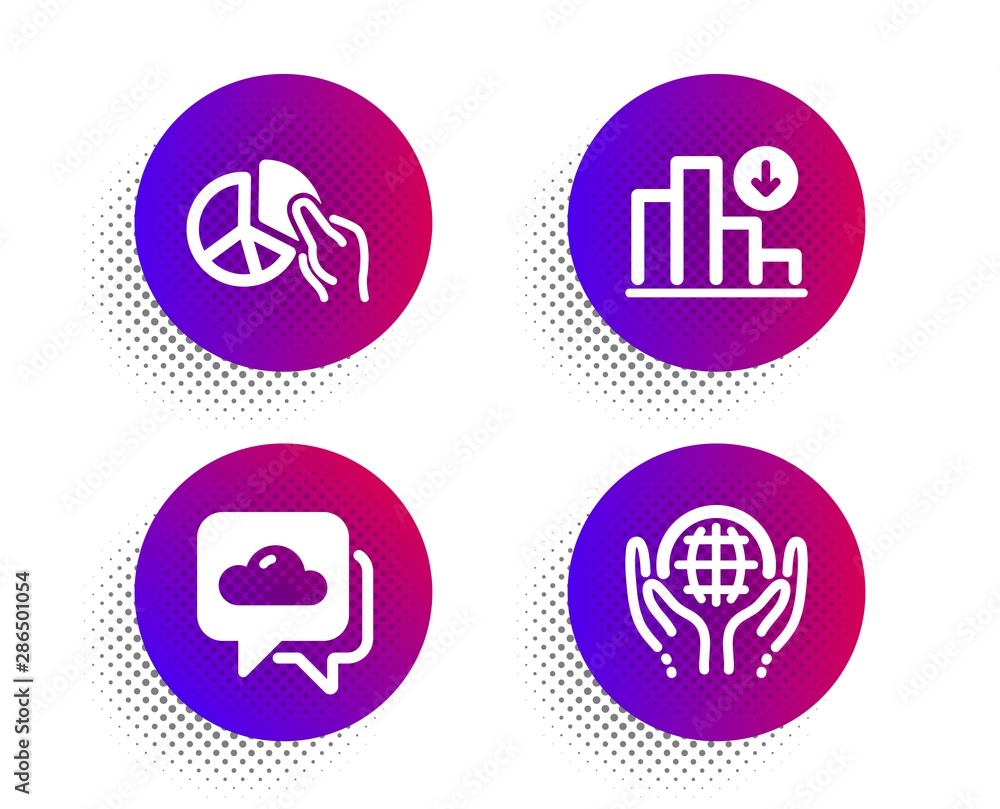 Pie chart, Decreasing graph and Weather forecast icons simple set. Halftone dots button. Organic tested sign. Presentation graph, Crisis chart, Cloudy. Safe nature. Science set. Vector