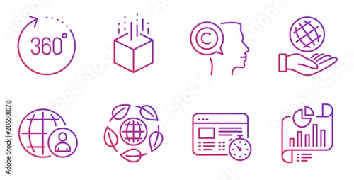 International recruitment, Writer and 360 degrees line icons set. Augmented reality, Safe planet and Eco organic signs. Web timer, Report document symbols. World business, Copyrighter. Vector