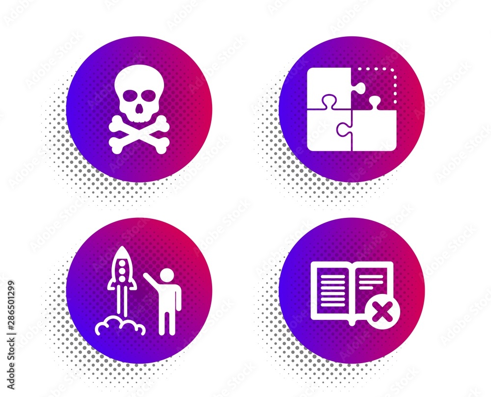 Chemical hazard, Puzzle and Launch project icons simple set. Halftone dots button. Reject book sign. Toxic death, Engineering strategy, Business innovation. Delete article. Technology set. Vector