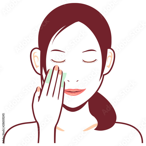 Young asian woman face vector illustration / cotton, makeup removal 