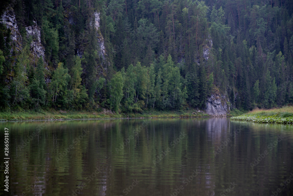 The river against the backdrop of mountains and forests in cloudy weather.