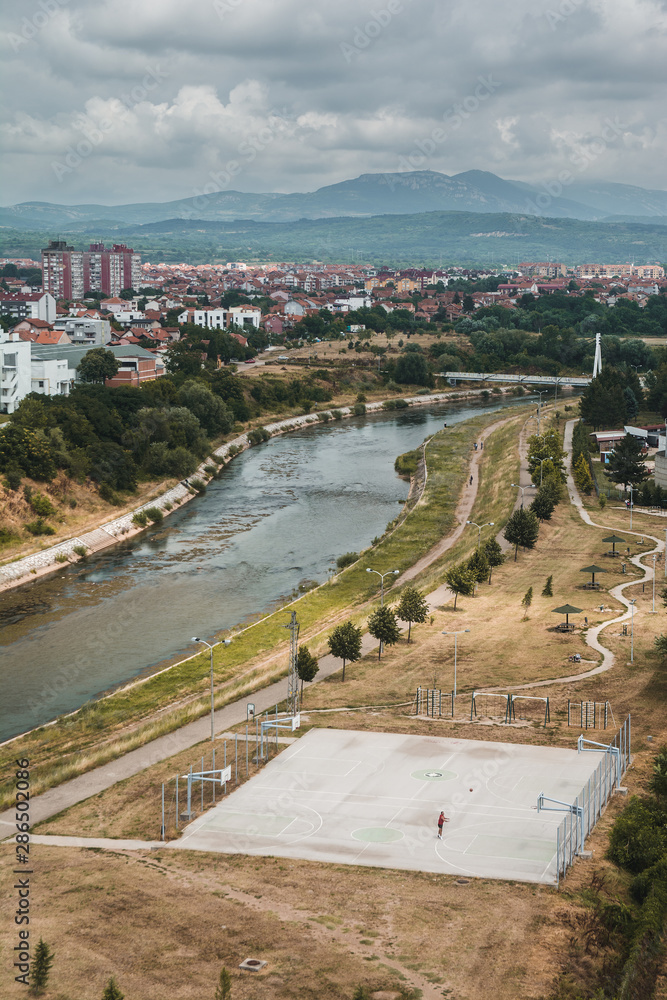View on a Nišava river passing through the city of Niš in southern Serbia, Europe