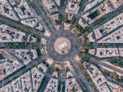 Aerial of the Arc de Triomphe in Paris, France