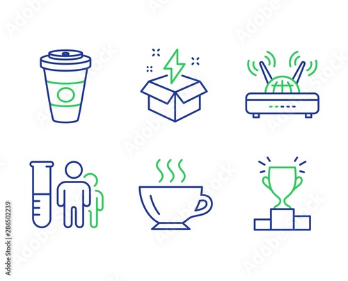 Takeaway coffee, Creative idea and Medical analyzes line icons set. Coffee, Wifi and Winner podium signs. Hot latte drink, Lightning, Medicine results. Cappuccino. Business set. Vector
