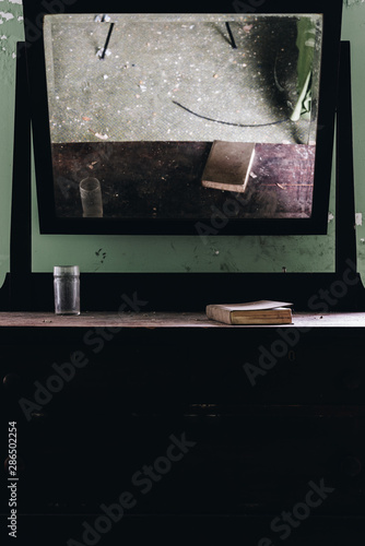 Tela Derelict Furniture / Dresser - Holy Bible Reflected in Mirror - Abandoned Wyomin