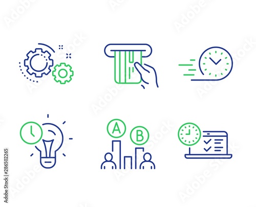 Ab testing, Time management and Credit card line icons set. Gears, Fast delivery and Online test signs. Test chart, Idea lightbulb, Atm payment. Work process. Technology set. Vector