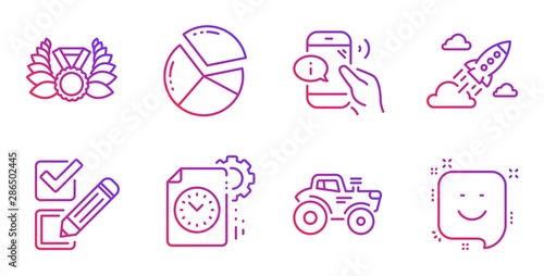 Call center, Pie chart and Checkbox line icons set. Tractor, Laureate medal and Project deadline signs. Startup rocket, Smile symbols. Phone support, Presentation graph. Business set. Vector