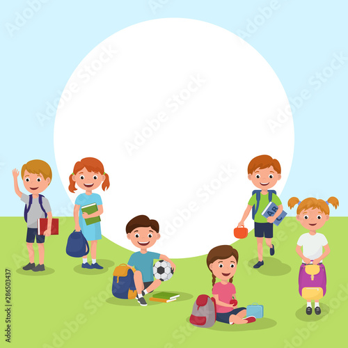 School or kindergarten outdoor on playground with playing kids cartoon vector illustration with isolated objects. Children with books, balls and backpack for back to school poster. © creativeteam