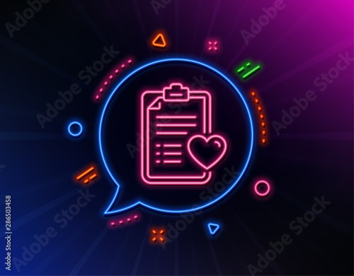Medical survey line icon. Neon laser lights. Hospital patient history sign. Glow laser speech bubble. Neon lights chat bubble. Banner badge with patient history icon. Vector