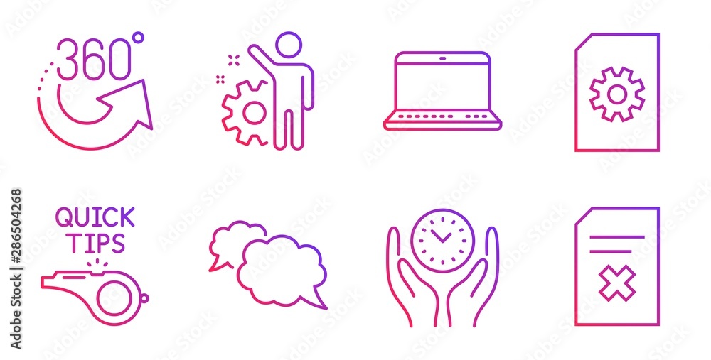 Employee, 360 degrees and File management line icons set. Tutorials, Notebook and Messenger signs. Safe time, Delete file symbols. Cogwheel, Full rotation. Technology set. Vector