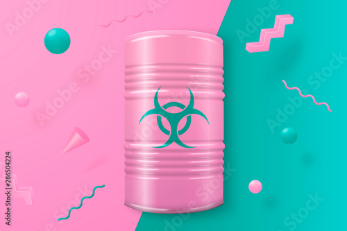 Vector 3d realistic biohazard barrel abstract scene with pink, green and white balls and objects.