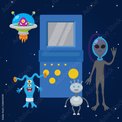 UFO game cartoon characters and spaceships with game gadget vector illustration. Fantastic rockets, ufo and alient futuristic persons. Space war and travel universe game kit.