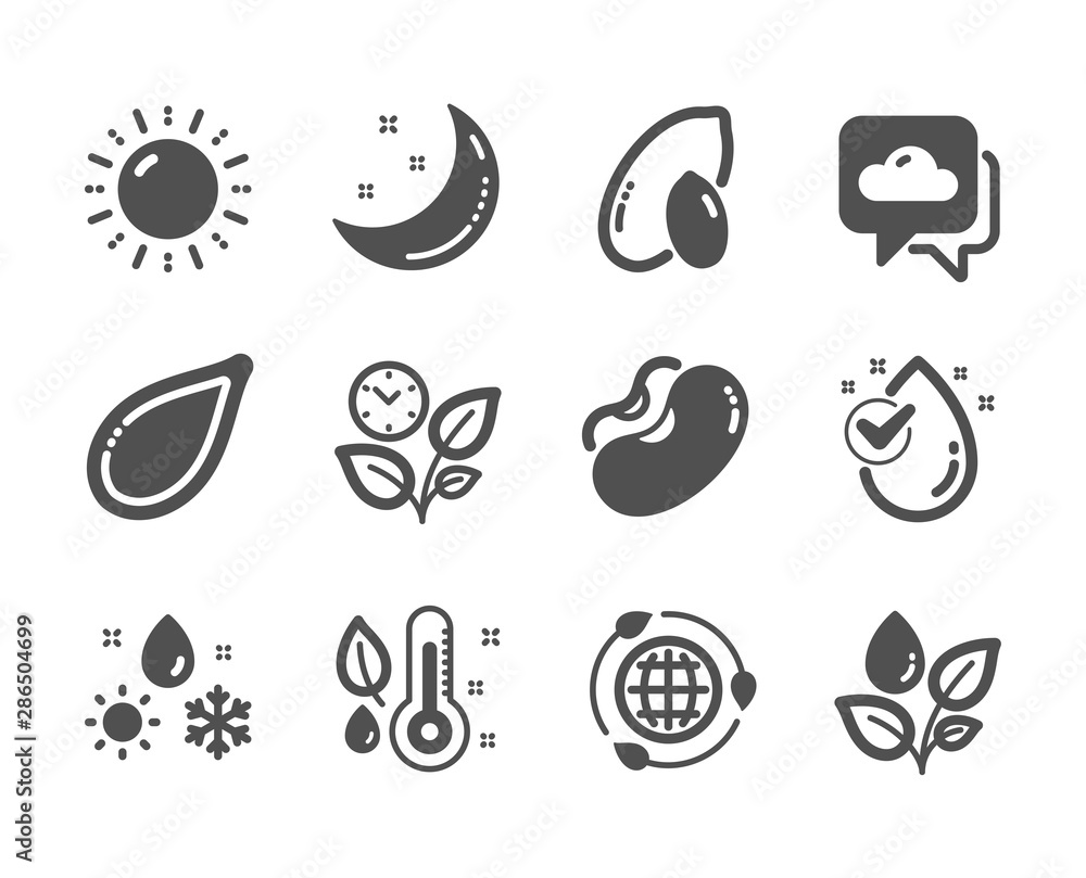Set of Nature icons, such as Moon stars, Thermometer, Pumpkin seed, Peanut, Water drop, Sun energy, Plants watering, Leaves, Weather forecast, Eco energy, Beans, Weather classic icons. Vector