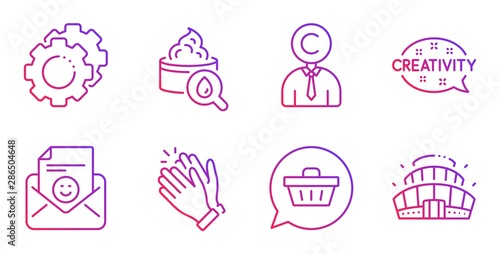 Settings gears, Shopping cart and Clapping hands line icons set. Smile, Creativity and Moisturizing cream signs. Copyrighter, Arena stadium symbols. Technology process, Dreaming of gift. Vector