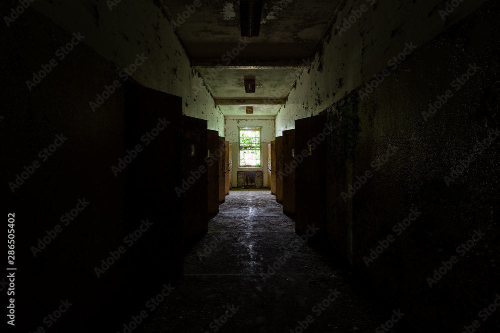 Fototapeta Derelict Dark Hallway - Abandoned Creedmoor State Hospital - Queens, New York City, New York