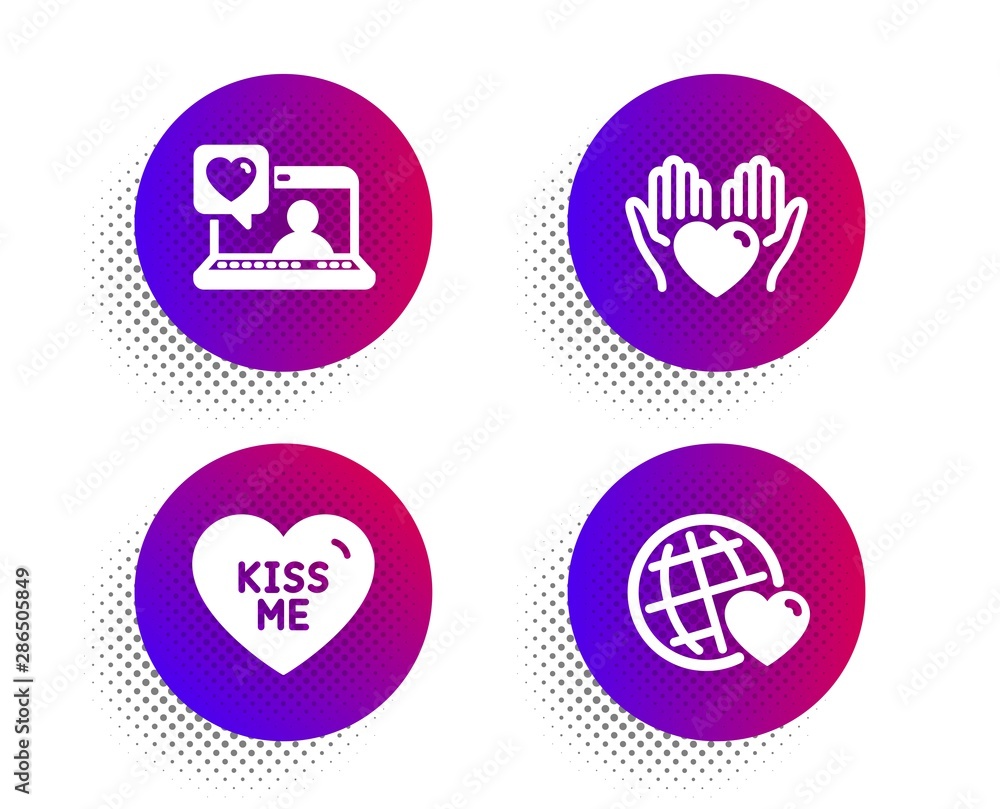 Kiss me, Hold heart and Friends chat icons simple set. Halftone dots button. Friends world sign. Love sweetheart, Care love. Love set. Classic flat kiss me icon. Vector Kiss me, Hold heart and Friends chat icons simple set. Halftone dots button. Friends world sign. Love sweetheart, Care love. Love set. Classic flat kiss me icon. Vector