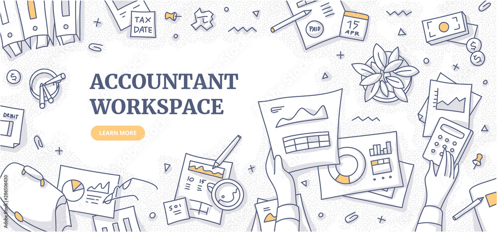 Accountant Workspace Doodle Concept - obrazy, fototapety, plakaty 