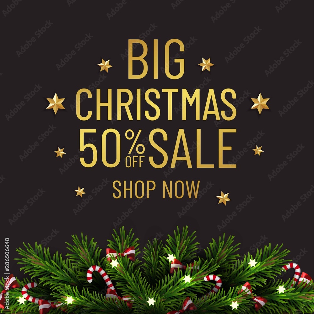 Merry Christmas and Happy New Year sale banner. Christmas tree border with golden decorations. Business flyer
