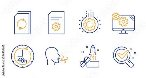 Gear, Innovation and Update document line icons set. Breathing exercise, File settings and Settings signs. 48 hours, Chemistry lab symbols. Work process, Crowdfunding. Technology set. Vector