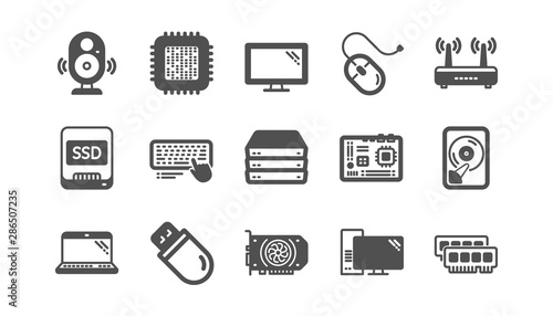 Computer device icons. Motherboard, CPU and Laptop. SSD memory classic icon set. Quality set. Vector