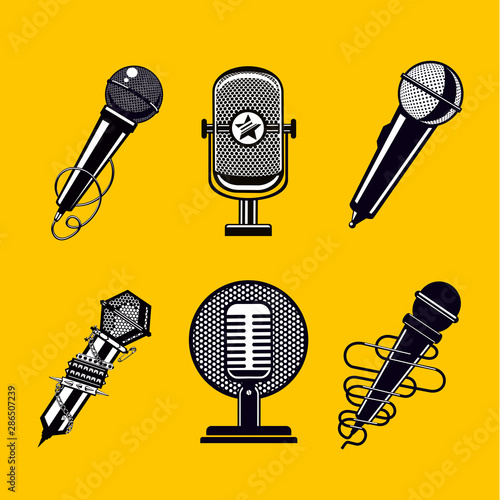 Microphone vector icon set. Vintage mic collection.