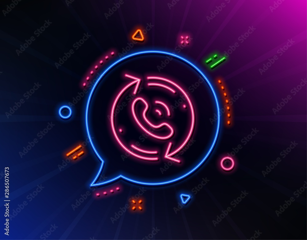 Call center service line icon. Neon laser lights. Recall support sign. Feedback symbol. Glow laser speech bubble. Neon lights chat bubble. Banner badge with call center icon. Vector