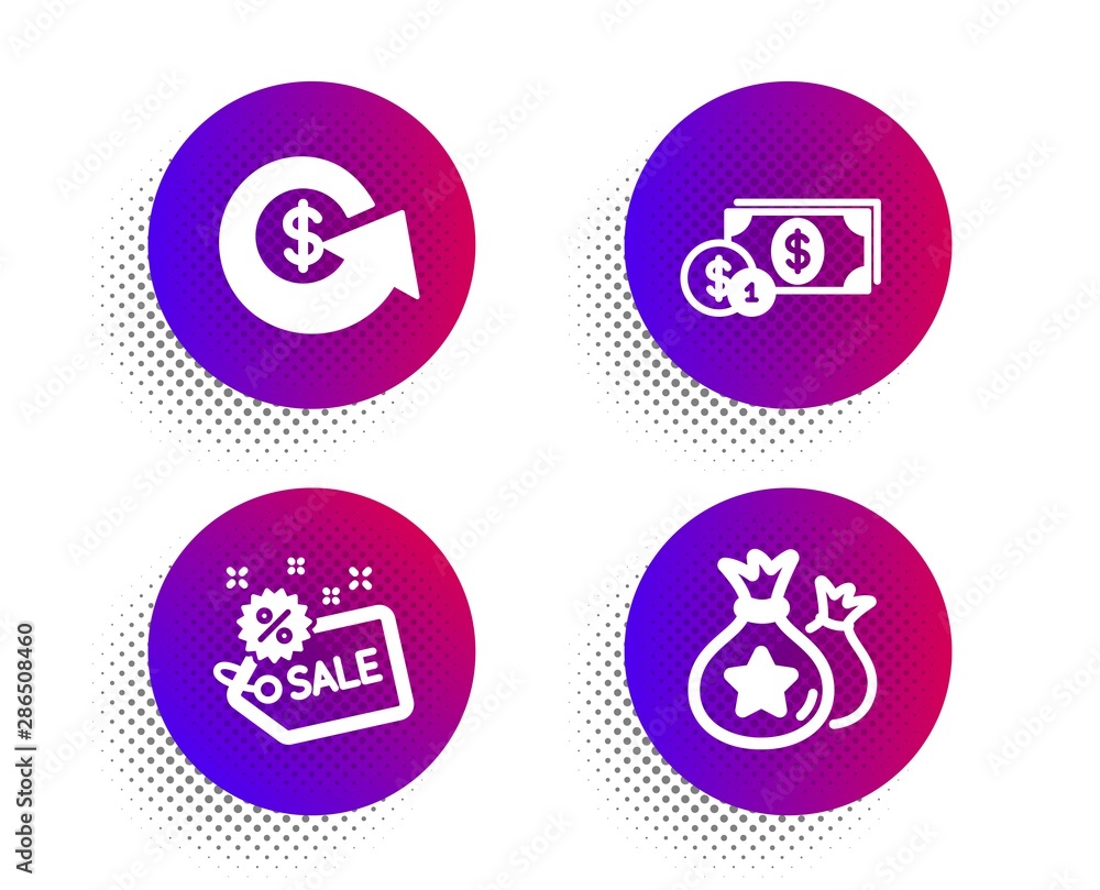 Sale, Dollar exchange and Dollar money icons simple set. Halftone dots button. Loyalty points sign. Shopping tag, Money refund, Cash with coins. Finance set. Classic flat sale icon. Vector