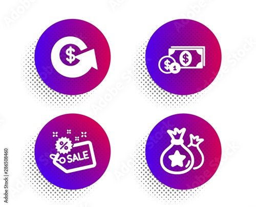 Sale, Dollar exchange and Dollar money icons simple set. Halftone dots button. Loyalty points sign. Shopping tag, Money refund, Cash with coins. Finance set. Classic flat sale icon. Vector