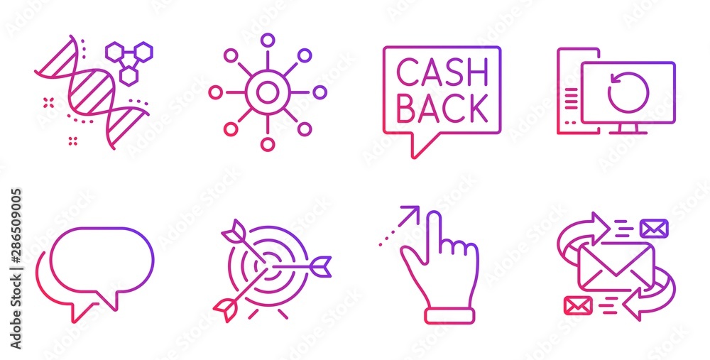 Target, Multichannel and Talk bubble line icons set. Touchscreen gesture, Recovery computer and Money transfer signs. Chemistry dna, E-mail symbols. Targeting, Multitasking. Business set. Vector Target, Multichannel and Talk bubble line icons set. Touchscreen gesture, Recovery computer and Money transfer signs. Chemistry dna, E-mail symbols. Targeting, Multitasking. Business set. Vector