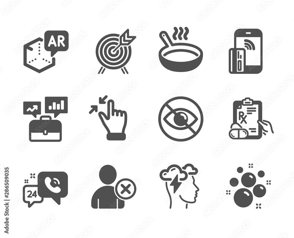 Set of Business icons, such as Not looking, Archery, Frying pan, Contactless payment, Touchscreen gesture, 24h service, Prescription drugs, Business portfolio, Clean bubbles, Delete user. Vector Set of Business icons, such as Not looking, Archery, Frying pan, Contactless payment, Touchscreen gesture, 24h service, Prescription drugs, Business portfolio, Clean bubbles, Delete user. Vector