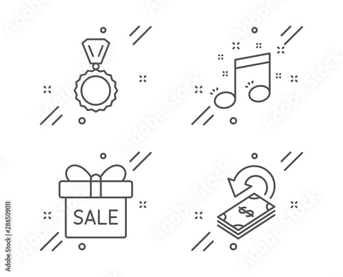 Sale offer, Musical note and Medal line icons set. Cashback sign. Gift box, Music, Winner. Financial transfer. Business set. Line sale offer outline icon. Vector