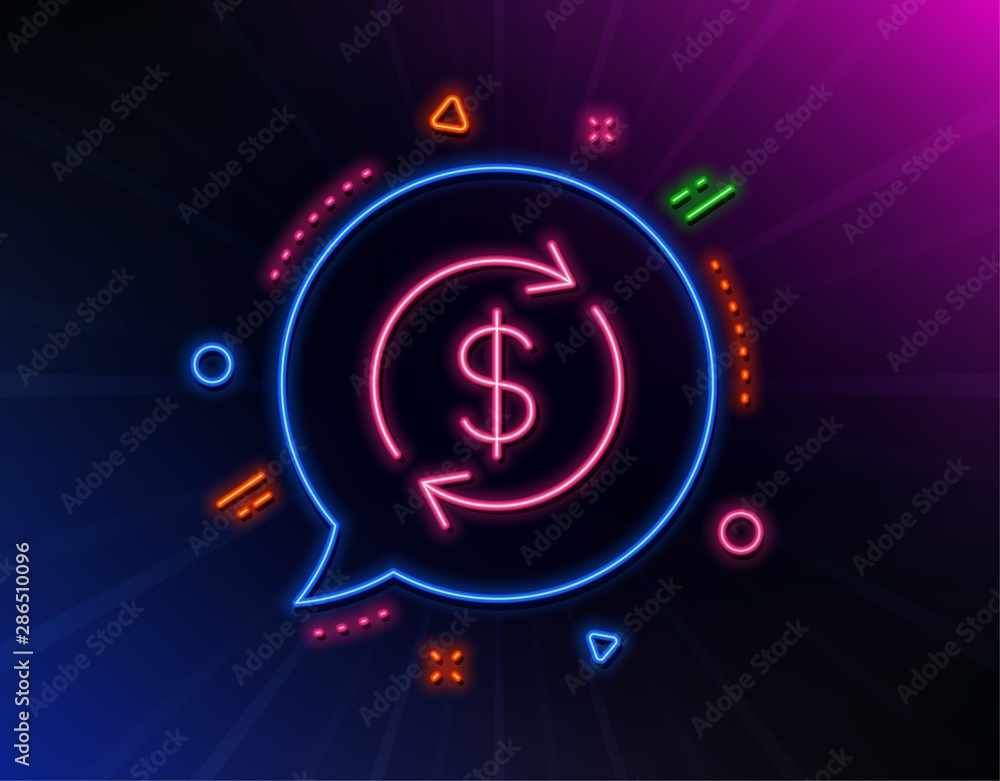 Currency exchange line icon. Neon laser lights. Money Transfer sign. Dollar in rotation arrow symbol. Glow laser speech bubble. Neon lights chat bubble. Banner badge with usd exchange icon. Vector Currency exchange line icon. Neon laser lights. Money Transfer sign. Dollar in rotation arrow symbol. Glow laser speech bubble. Neon lights chat bubble. Banner badge with usd exchange icon. Vector