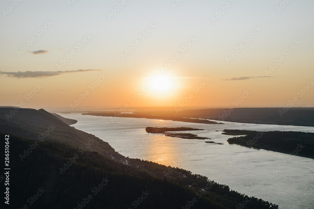sunset on the beach. Volga river Russia.