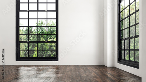 Empty room corner view with large windows
