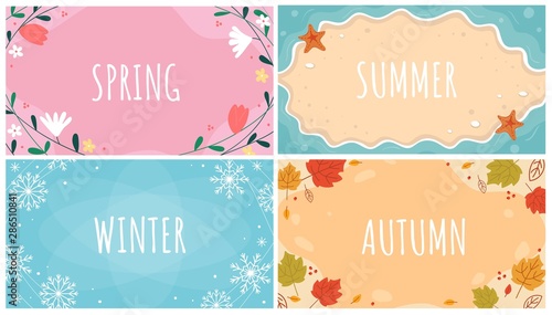 Beautiful natural seasonal backgrounds set vector illustration. Spring, summer, autumn, winter templates with inscriptions and orange, yellow leaves, blue snowflakes and flowers flat style design