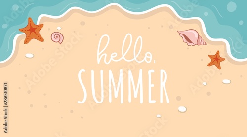 Hello summer banner with golden beach and blue sea vector illustration. Summertime holiday template with sand, ocean waves and shells for vacation and travel themes design