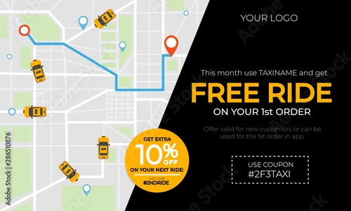 Modern taxi banner ad with promotional code vector illustration. Free ride discount card with top view on city map with geolocation pins and yellow taxicab flat style concept
