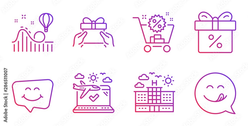 Discount offer, Roller coaster and Airplane travel line icons set. Hotel, Smile chat and Give present signs. Shopping cart, Yummy smile symbols. Gift box, Attraction park. Holidays set. Vector