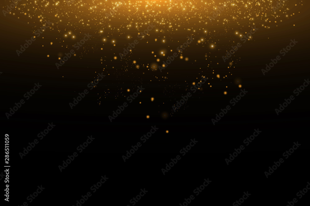 Vector golden cloud glitter wave abstract illustration. Gold star dust trail sparkling particles isolated on black background. Magic concept