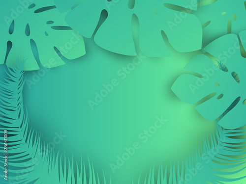 Creative paper cut colorful tropical leaves on Gradient background. Minimal summer exotic concept with copy space. Border arrangement. Paper art